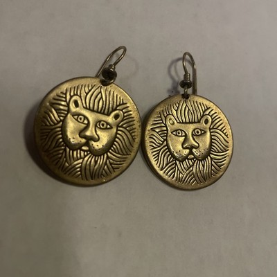 Vintage Laurel Burch Ohrringe Sumpf Löwengesicht Hänger Tropfen rund goldfarben signiert