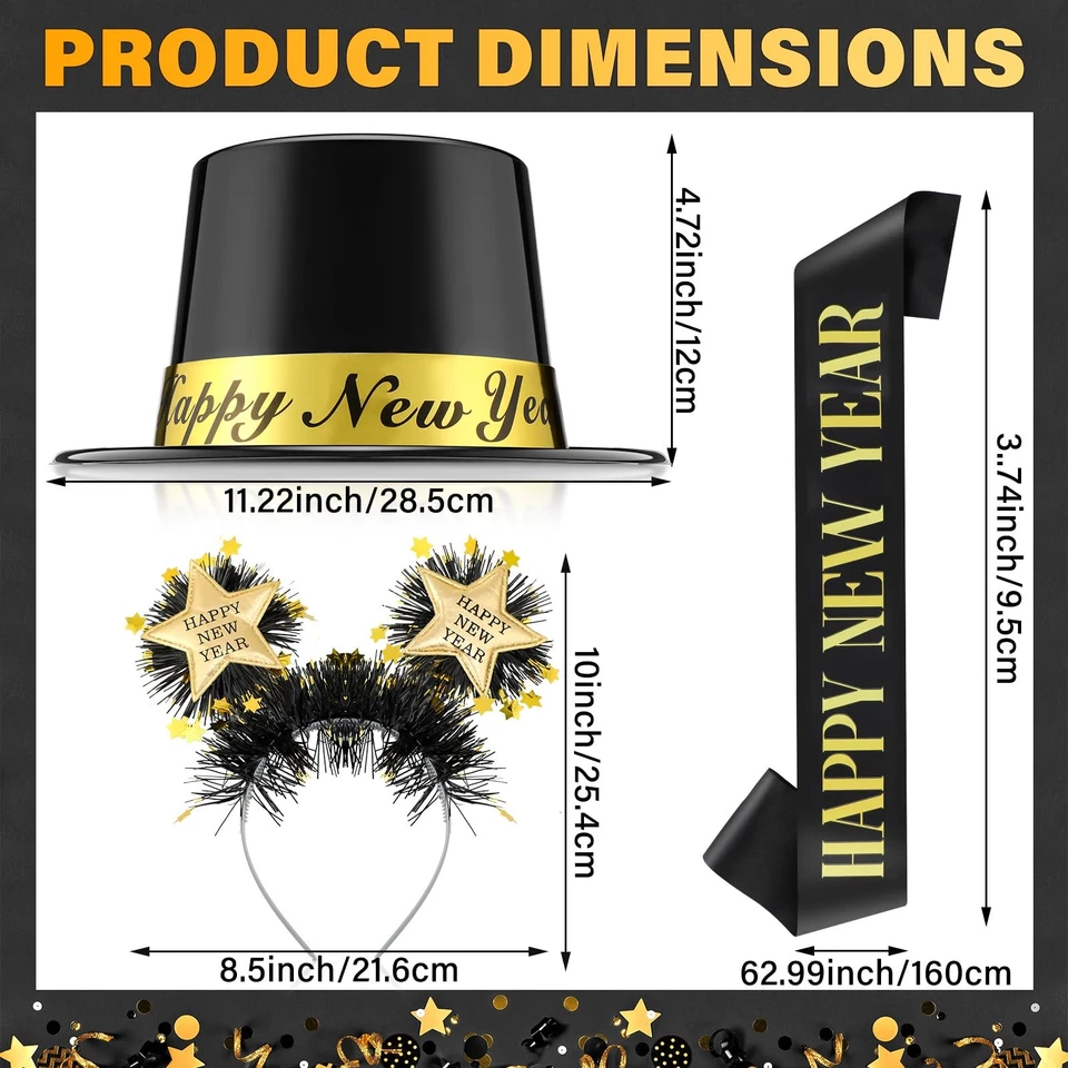 3 Piezas 2025 Suministros de Fiesta de Nochevieja Negro Dorado Sombrero Feliz Año Nuevo Headba... Foto 2 de 4