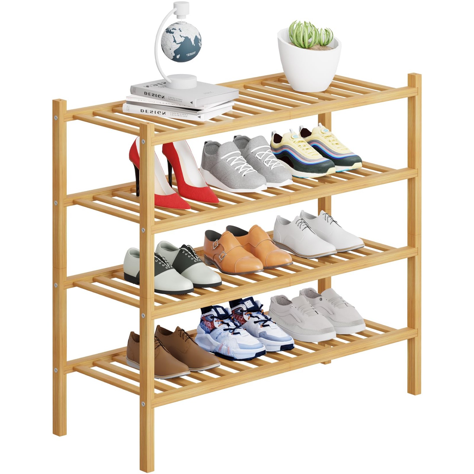 4 Tier Stackable Bamboo Shoe Rack Organizer for Closet Storage