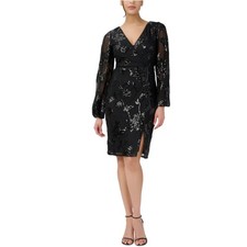 Adrianna Papell Black Cocktail Dress Floral Sequined Long Sleeve Sheath Size 8