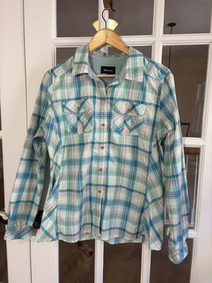 Marmot Plaid Shirt Blue Button Up Roll Tab Sleeves Pockets Womens Small 