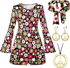 70S 80S Women Hippie Costume Set Disco Outfit Peace Sign Earring Necklace Headba