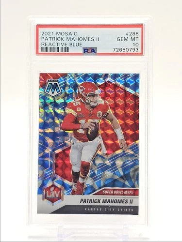 PATRICK MAHOMES II 2021 MOSAIC SUPER BOWL MVPS REACTIVE BLUE PSA 10 Q0004