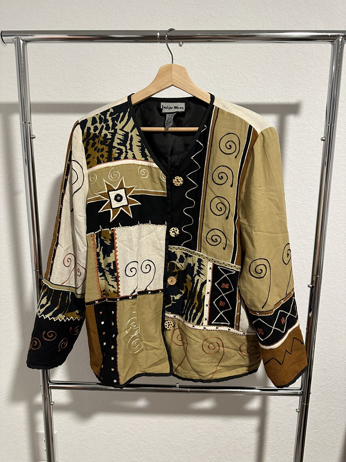 Vintage Indigo Moon Patchwork Print Boho Shirt Ja… - image 1