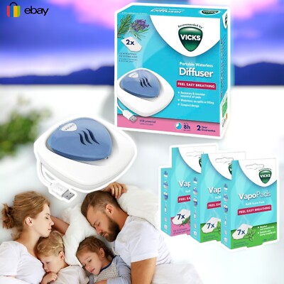 Vicks beruhigende Dämpfe wasserloser Diffusor 2 Duftpads atmen leicht nachfüllen UK