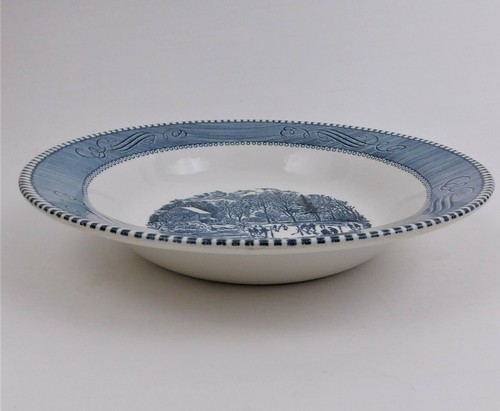 Royal Currier & Ives Rimmed Soup Cereal Bowl Early Winter Skater Blue Vintage - Picture 9 of 12