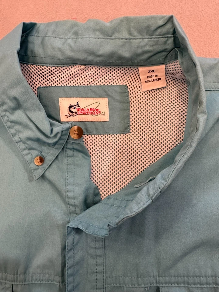 Camisa con botones de pesca deportiva mundial para hombre XXL al aire libre senderismo cuello Foto 2 de 4