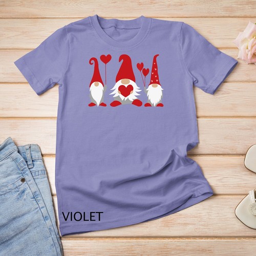 Three Cute Gnomes Holding Hearts Valentines Boys Girls Kids Unisex T-shirt - Picture 13 of 15