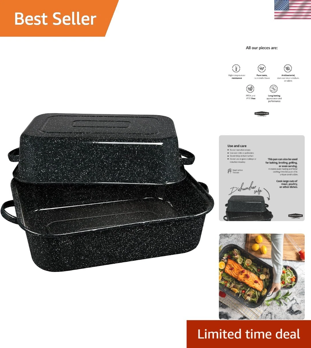 Lightweight 21-Inch Roasting Pan with Lid for Even Cooking - Black Porcelain
Opens in a new window o