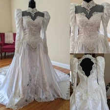Victorian Wedding Dress Satin Long Sleeve High Neck with Bow Beaded Bridal Gown