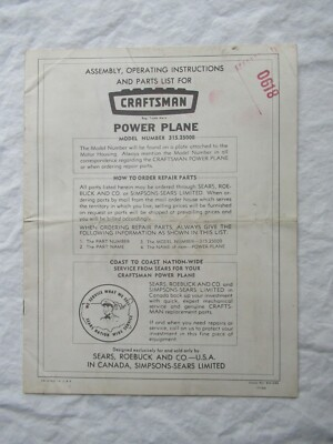 #ad Sears Craftsman Power Plane Operator#x27;s Instructions Manual Sears Roebuck Simpson $24.99