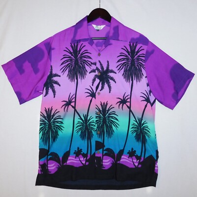 ALVISH Coconut Palm Trees Hawaii Hawaiian Island Colorful Aloha Shirt Men's L