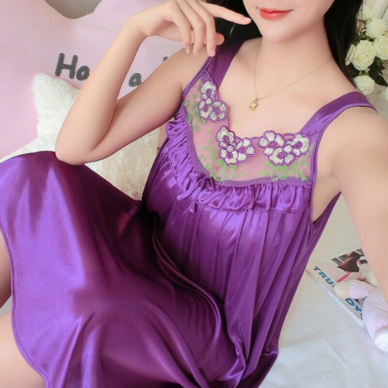 Summer Women Ice Silk Satin Sleepwear Sexy Lace Night Dress Nightgown  Pajaly3