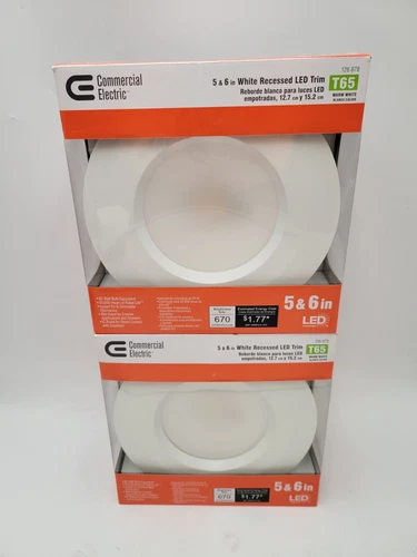 2Pc Commercial Electric T65 Recessed LED Trim Light Ceiling Mount 5 & 6" White