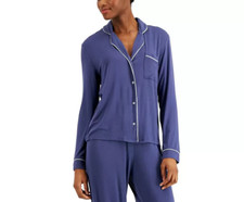 Alfani Printed Notch-Collar Pajama Top Blue S