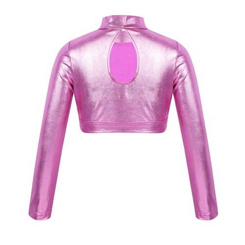 Kids Girls Shiny Crop Top Long Sleeves T-Shirt Tops for Gymnastics Hip-Hop Dance - Picture 52 of 70