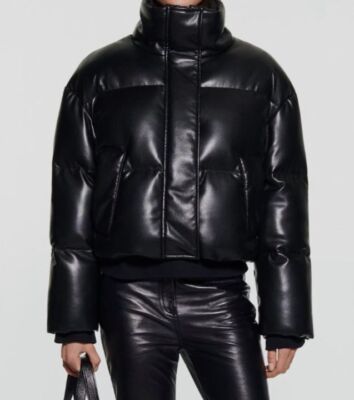 $545 Stand Studio Women's Black Tatum Faux Leather Puffer Jacket Coat Size 40