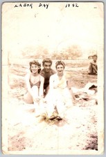 Vtg B&W Snapshot Group Beach Swimwear Labor Day 1942