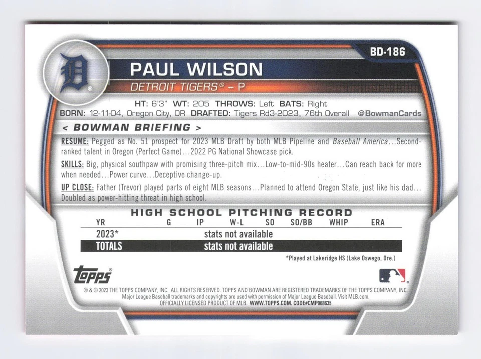 Bowman Paul Wilson 2023 1st Bowman novato borde naranja paralelo/25 RC #BD-186 Foto 2 de 2