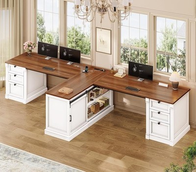 110.2'' Two Person Desk with 6 Storage Drawers, Farmhouse T Shaped Office Desk