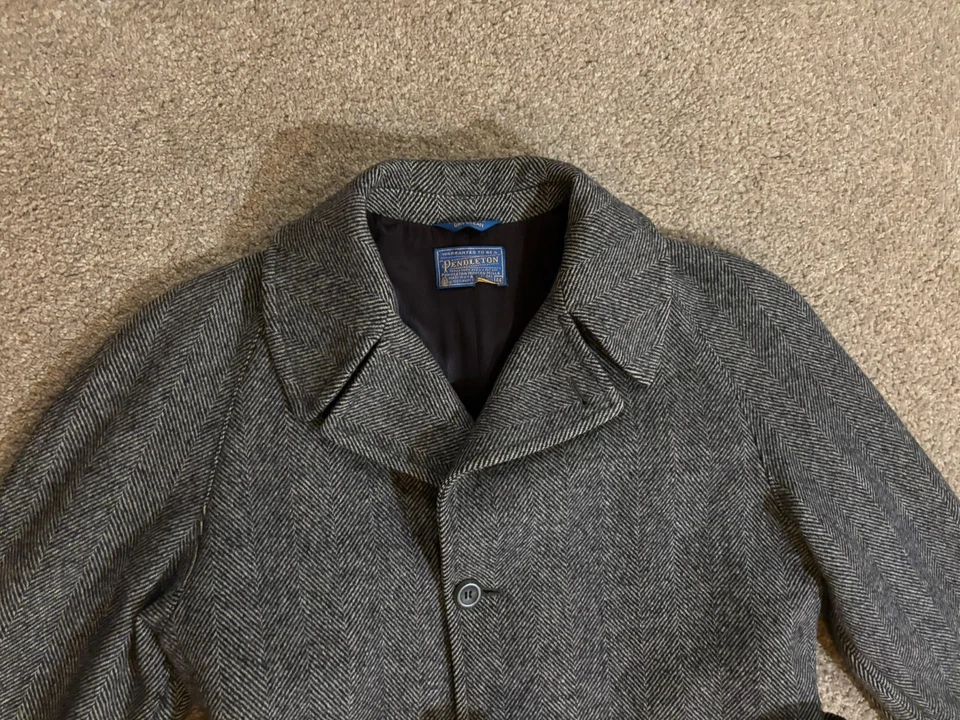 Vtg Pendleton Wool Belted Trench Coat Grey Herringbone 44r USA fits 40r - Image 4 of 4