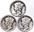 (3) Mercury Dimes - 1942 1943 1944 - Very Fine - #2857ED - FREE SHIPPING