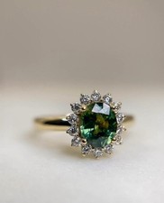Natural Teal Sapphire Ring, 925 Silver Halo Engagement Ring for Women's