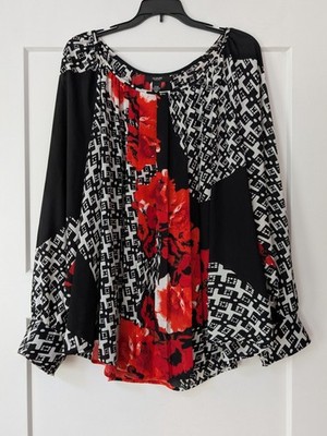 Sz 22W  Alfani Black White Red Roses Career Blouse Top Peasant Neckline