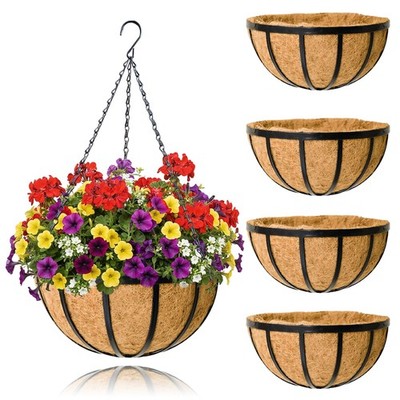 Hanging Planters 4 Pack 12 Inch Metal Basket Coco Coir Liner Black JFFLYIT Round