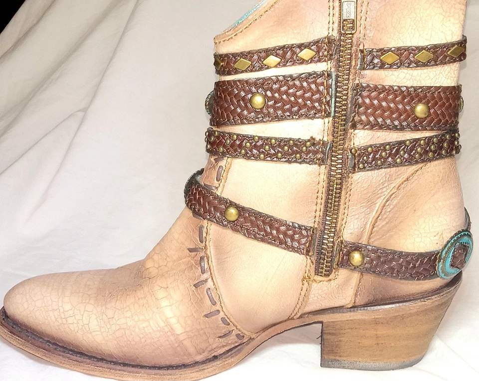 Botas de tornozelo femininas CORRAL couro marrom arnês turquesa TAMANHO 7,5 M - Imagem 4 de 4