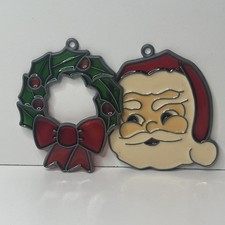 2- Holiday Sun Catchers Stained Glass Christmas Wreath  Santa Claus Vintage