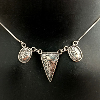 Sterling Silver Bib Necklace Naive Bird Folk Geometric Vintage Israeli Designer