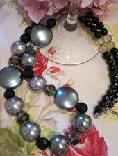Jaeger long statement faceted Beaded Necklace in silver,black & grey tones