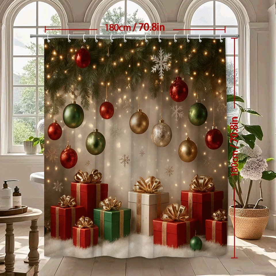 Cortina de Ducha de Navidad con Adornos Rojo y Verde Foto 4 de 4
