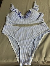 NEW Blue  White Striped Flutter Sleeve Bikini Womens Size Large 2 Piece