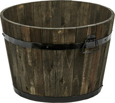 18" Wood Barrel Planter with Brown Oil Finish - Rustic Garden Decor