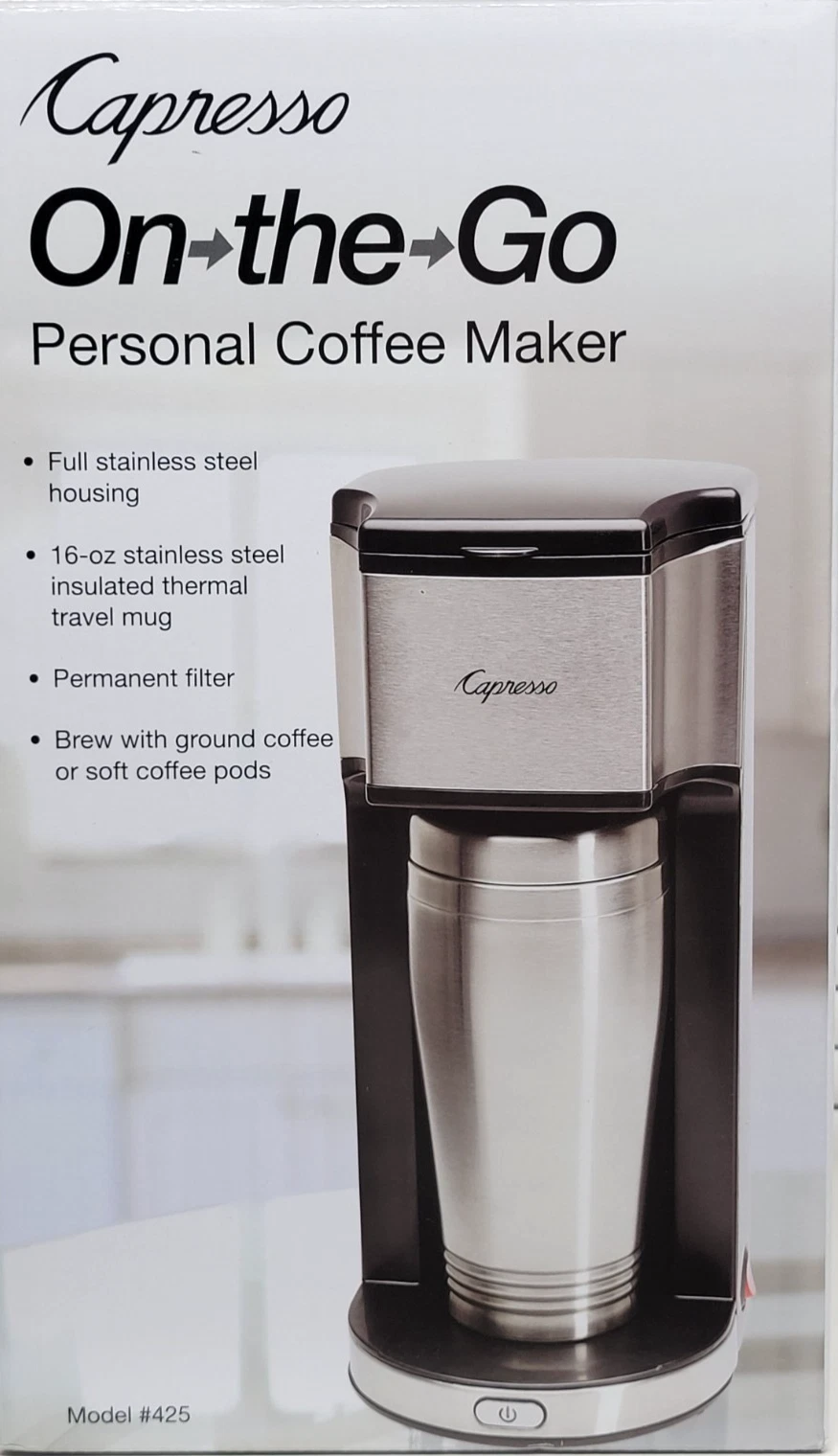 Capresso On The Go Personal Coffee Maker and 16 oz Travel Mug, Stainless