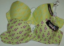 WOMENS Bra LOT of 2 Preformed Cup 36C NINES UNIVERSITY LIME GREEN PURPLE STARS