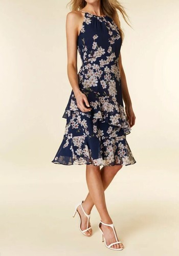 Wallis Navy Floral Print Tiered Dress 