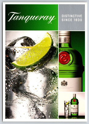 Tanqueray Gin Bottle High Ball Glass Ice Cocktail Lime Wedge Ad Postcard