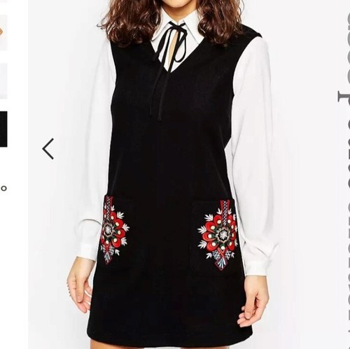ASOS Dress Wool Mix Pinafore Embroidered Pockets Sz 8 US 4 Petite Preppy Mod