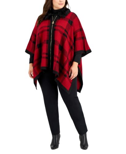 Anne Klein Women's Faux Fur Trim Plaid Zip Up Poncho Top Red Size 0X-1X - Picture 1 of 3