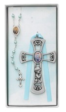 Baptism Gift Baby Blue Ribbon Girl Cross And Shell Pear Rosary Set Rhodium Plate