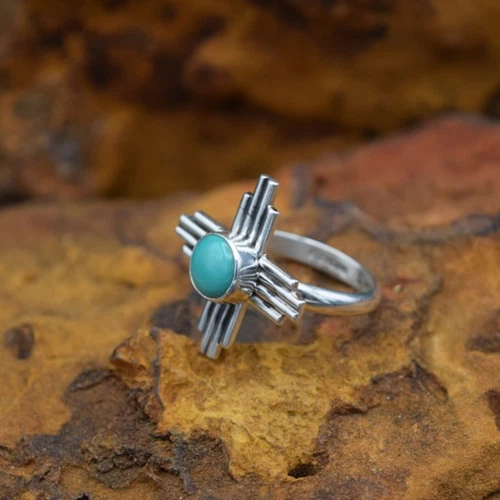 Solid Silver Zia Sun Ring Ancient Sun Symbol Ring With Sleeping Beauty Turquoise