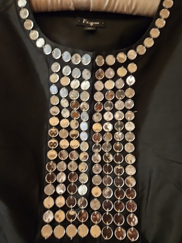 Black 100% Silk Beaded Blouse Top Zip Side Womens Sz Medium Filigree