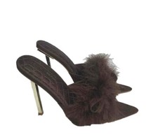 Fashion Nova Stunner Girl Heels Sandals Hefner Suede Bow Feathers Size 7.5 Brown