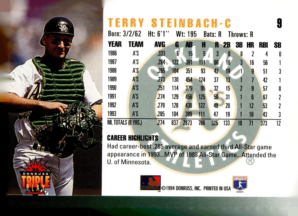 1994 Triple Play #9 Terry Steinbach - Image 2 of 2