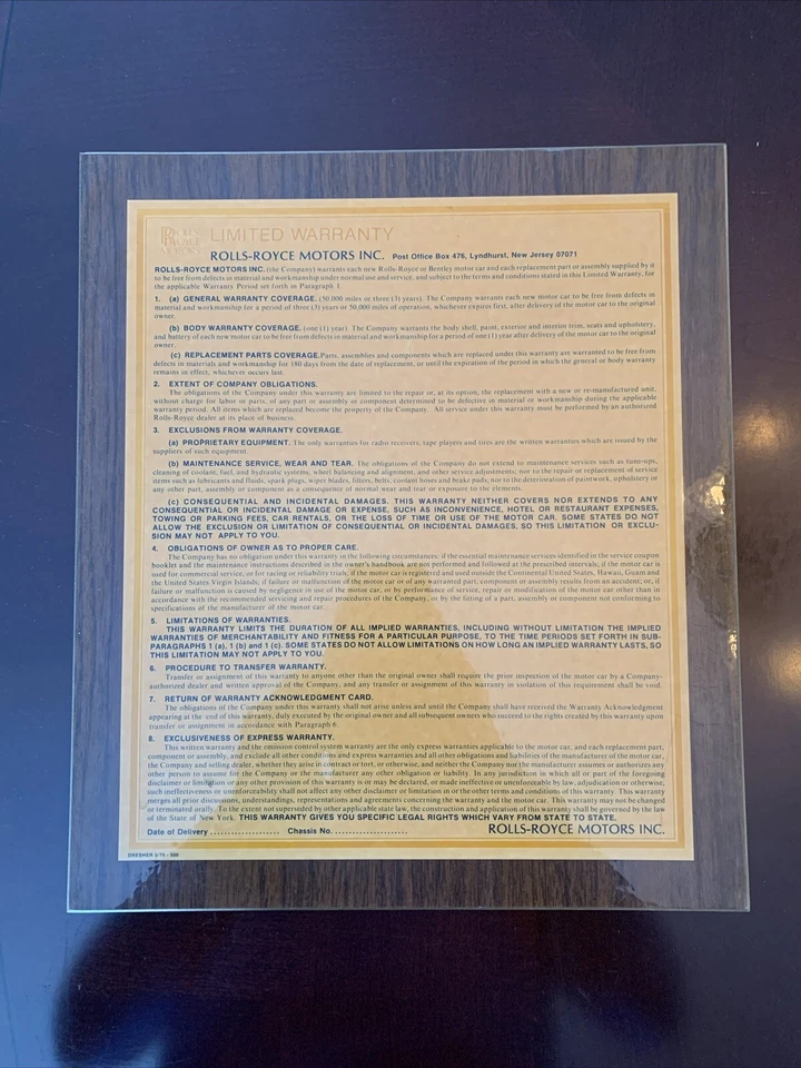 Rolls Royce 1979 garantía limitada concesionario tarjeta de escritorio laminada y enmarcada Foto 2 de 4