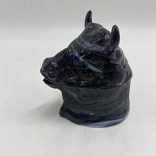 L G Wright Purple Slag Glass Mustard Dish Jar Bull Head w/ Lid Cover *A Chip