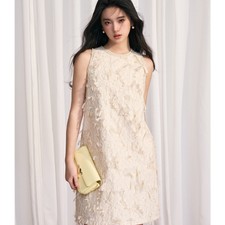 French Retro Womens Sexy Tweed Dress Slim Flower Sleeveless A-line Party Dress